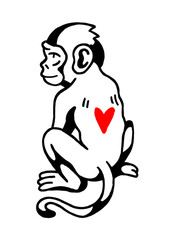 Sitting monkey with a red heart on its back, cute illustration