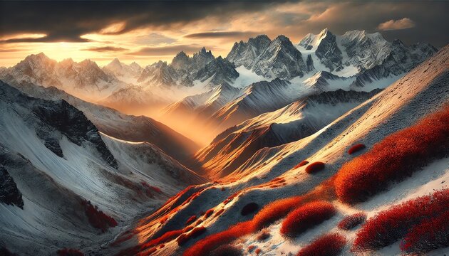 A vast snow-covered mountain range transitioning into autumn, with icy peaks in the background