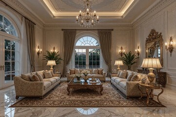 Opulent Luxury Living Room Interior with Rich Furnishings and Elegant Chandelier - High-End Home Decor Design
