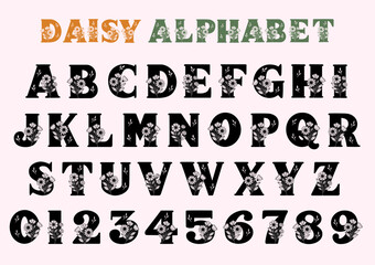 Fototapeta premium Daisy Flower Alphabet Font, Bold Vintage Serif Letters and Numbers with Floral Decoration, Decorative Retro Font for Spring Designs, Nature Typography, Floral Monogram Clipart Set
