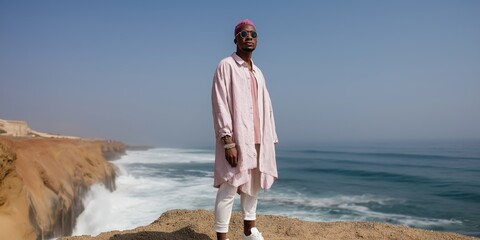 A man stands on a rocky cliff overlooking the ocean. He is wearing a pink and white jacket and has a pink hat on. The sky is clear and the ocean is calm