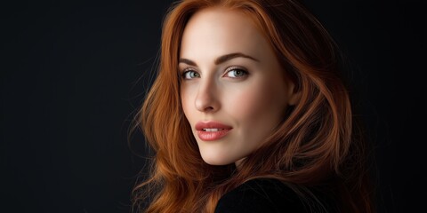 Fototapeta premium A woman with red hair and a smile. She is wearing a black shirt and has her hair in a messy bun