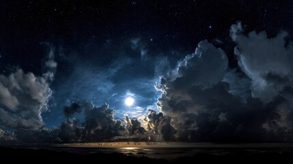 Obraz premium Night scene with moon shining through clouds reflecting on water.
