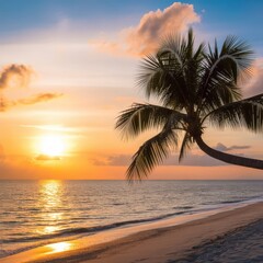 Obraz premium Tropical beach at sunset with golden sun sea palm tree sandy shore