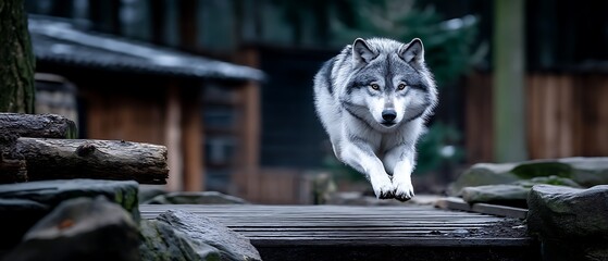 Gray wolf leaping