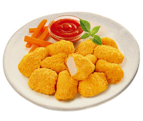 prato com pedaços de frango empanados acompanhado de molho ketchup isolado em fundo transparente