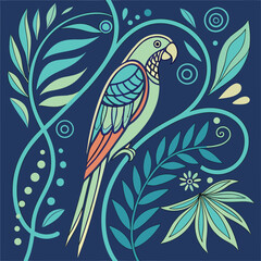 Fototapeta premium Colorful Parrot in Decorative Jungle Foliage – Stylized Vector Illustration with Tropical Leaves and Floral Elements