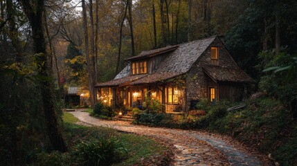 Real estate Cozy cottage nestled in autumn woods warm fireplace glow rustic charm secluded retreat property