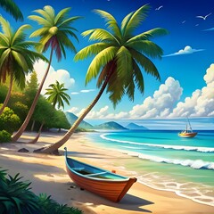 tropical beach with a boat and palm trees