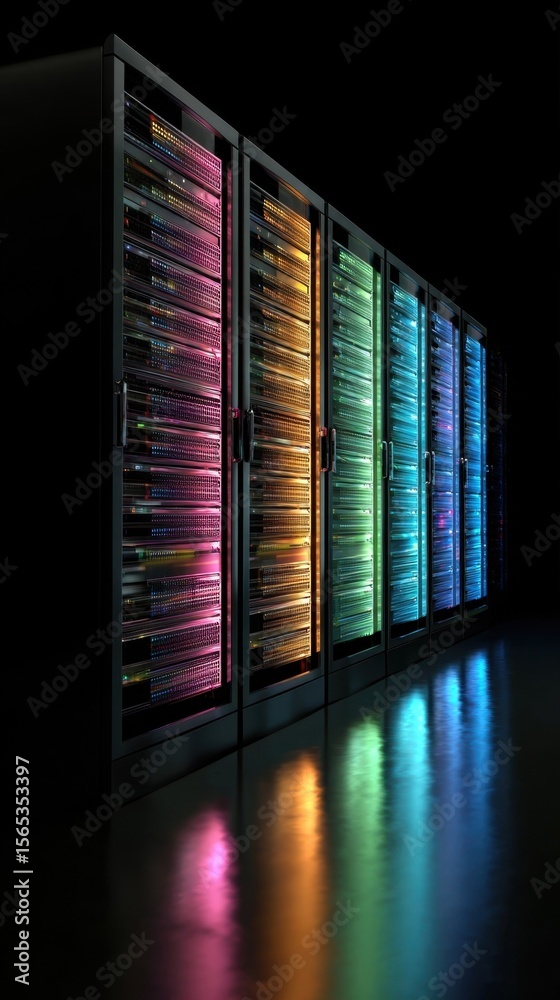 Poster artistic representation of a server rack illuminated by a spectrum of lights in a dark room emphasiz