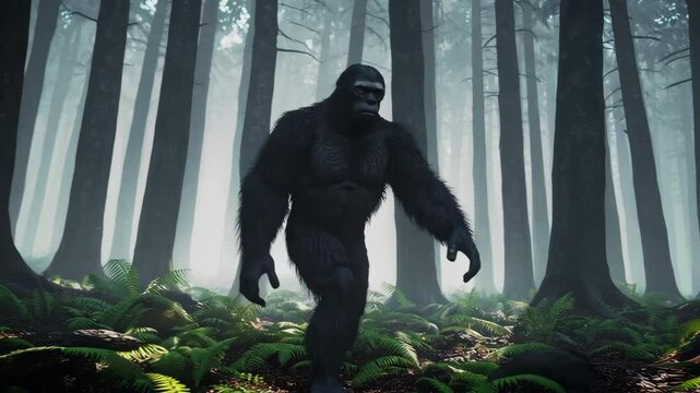 Mysterious bigfoot silhouette walking in foggy forest landscape