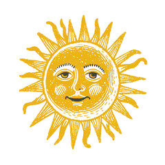 A vibrant vintage sun with a cheerful face and radiating rays, symbolizing warmth, summer, and positive energy, perfect for retro designs or celestial themes
