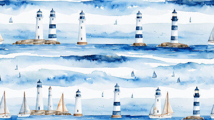 Watercolor Nautical Lighthouse and Sailboat Seamless Pattern