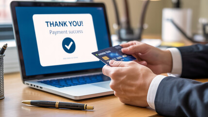 A close-up photograph of a payment transaction success screen on a laptop screen