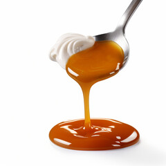 Caramel sauce dripping from a spoon with a dollop of cream on a white background close up shot