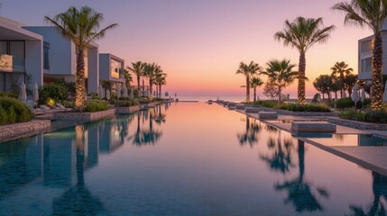 Amazing pool Infinity edge reflecting sunset colors minimalist architecture serene atmosphere tranquil oasis luxurious resort experience