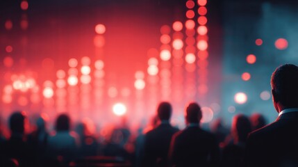 Silhouetted audience watches a stage with red and blue lights in a venue.