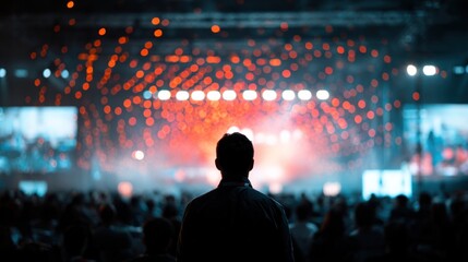 Person looking at a stage with bright lights and a large audience.