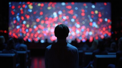 Person watching a large screen displaying colorful abstract patterns in a dark room.