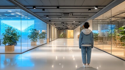 Modern office hallway with person