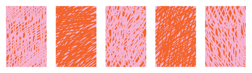 Funky vector doodle sketch set. Orange pink abstract scribbles with wavy crayon lines. Hand drawn messy textures for kids art. Twisted chaotic backgrounds with expressive scrawl stripe design