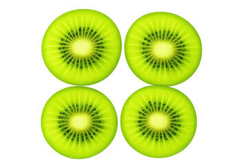 Fototapeta premium Green kiwi slices revealing vibrant seeds, ripe and glistening against pure white backdrop