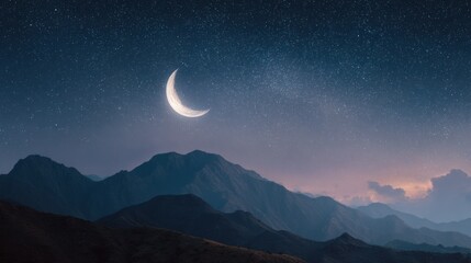 Crescent moon shines above a mountain range at night with a cloudy sky.