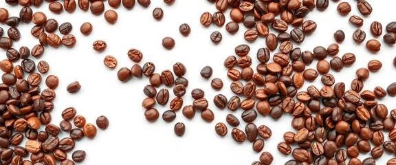 Naklejka premium Roasted coffee beans scattered on pristine white background, dark, beverage