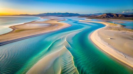 Photo of a breathtaking aerial view of a pristine beach with turquoise waters and a vibrant sunset