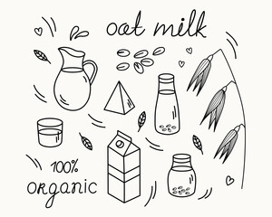 Oat Milk doodle with oats branch, seeds, glass paper bottles with dairy product. Hand drawn clip art with vegetable organic milky products for label, logo. Design lactose free vegetarian cereal drink