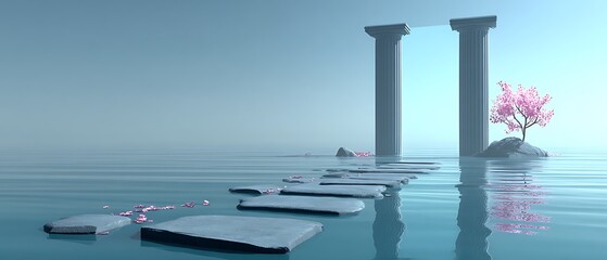 Tranquil Waterway with Ancient Pillars