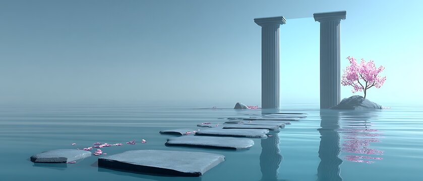 Tranquil Waterway with Ancient Pillars - Powered by Adobe