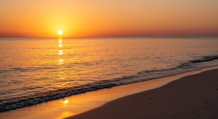Fototapeta premium Golden Sunset Over Calm Ocean, Beach Silhouette, Warm Colors, Serene Landscape.