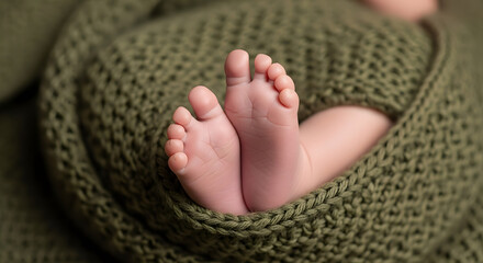 Newborn baby's tiny feet peeking out from a soft, green knitted blanket.