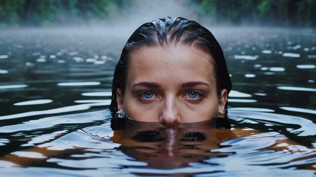 Serene woman calmly floating in tranquil misty lake
