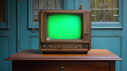 An antique television displaying a striking green screen sits gracefully on a polished wooden tabletop ideal for showcasing creative concepts in film photography or digital content