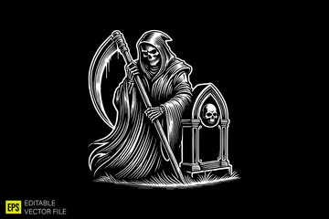 grim reaper  illustration dark art scary creepy style tattoo vector black and white background templates
