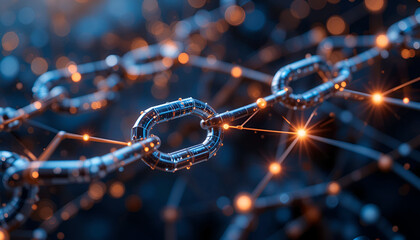 A conceptual rendering shows metallic chain links connected by glowing nodes, representing blockchain, security, and a digital network.