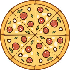 A cartoon illustration of a delicious pizza cut into eight slices, ready to eat.