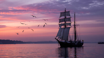 Fototapeta premium Tall ship sails along the water at dusk under a vibrant pink and purple sunset sky with soaring birds.
