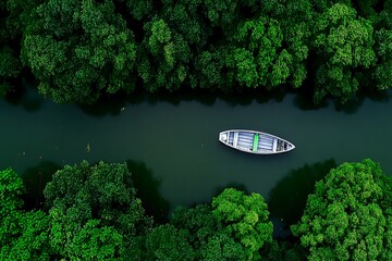 Lush waterway with a small boat