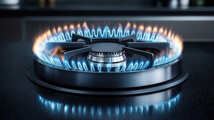 A gas stove burner with vibrant blue flames.  A circular, stainless-steel burner with intensely glowing blue flames radiating outward, set against a dark, glossy countertop.  Reflection is evident