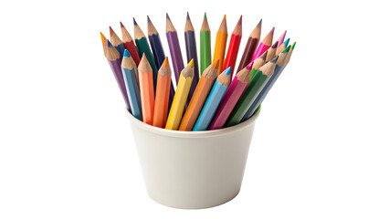 Stock photo of colorful pencils art supplies in white cup for drawing sketching and coloring design 100 char isolated on transparent white background png