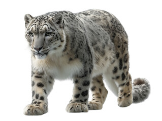 A majestic snow leopard, with its dense, smoky-gray fur and striking dark spots, isolated on a white background