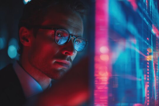 Man with glasses looking at a screen with colorful digital data and graphics. - Powered by Adobe