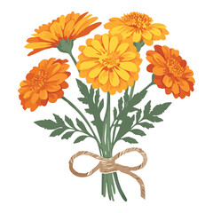 Vibrant Hand-Tied Marigold Flower Bouquet Illustration