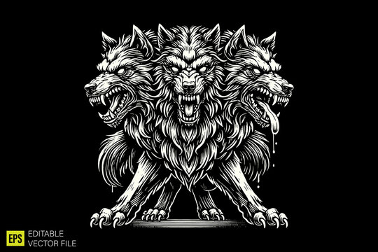 wolf with three head  illustration dark art scary creepy style tattoo vector black and white background templates