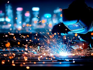 Industrial welder at night