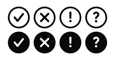 Check mark, cross mark, exclamation mark and question mark icons in line and silhouette style on white background. Flat icons for web and mobile apps