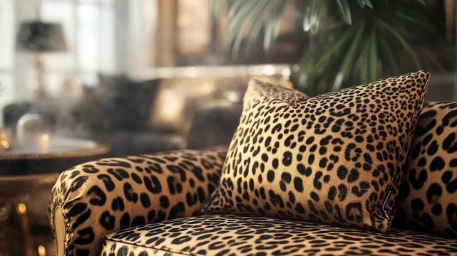 Luxurious leopard print couch with two matching pillows.